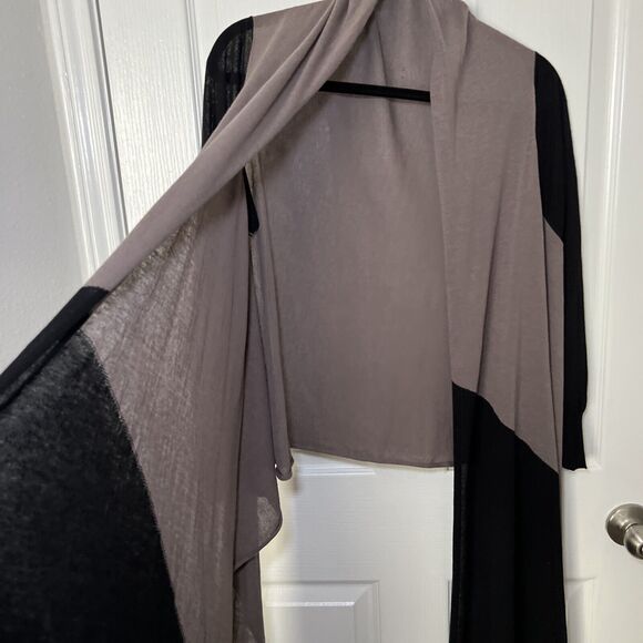 Drape Front Open Cardigan Sweater Wrap Women M/L Tan Black Colorblock Waterfall - Picture 3 of 10